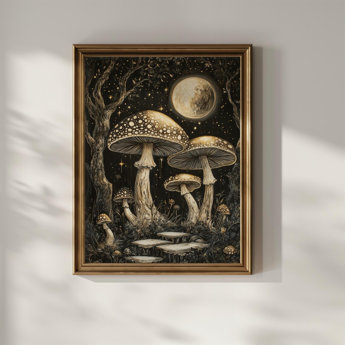 Glowing Mushrooms Under Full Moon Dark Gold Botanical Night Poster - Image 2