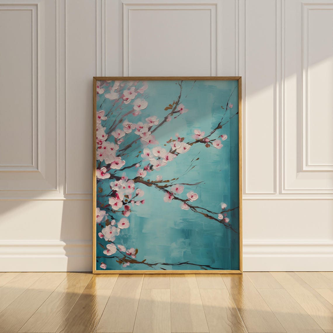 Cherry Blossom Branch Painting Soft Pink Blooms Teal Canvas Poster - Image 2