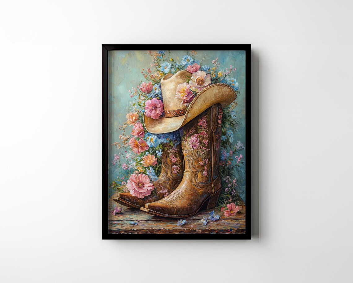 Floral Cowboy Boots and Hat, Vintage Boho Poster - Image 3