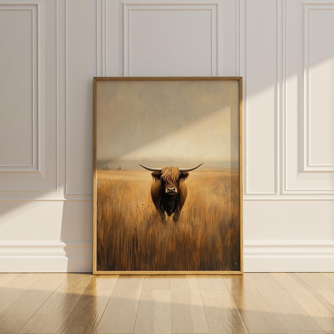 Highland Cow Standing In Golden Wheat Field Minimalist Wall Art - Image 3