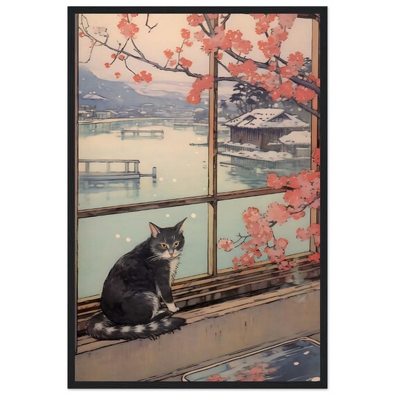 Tabby Cat on Windowsill Snowy Harbor View Japanese Style Cat Poster