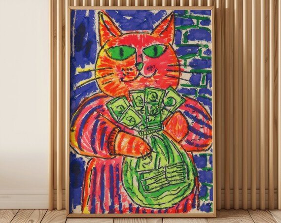 Orange Cat Holding Money Bag Dollar Bills Funny Cartoon Poster