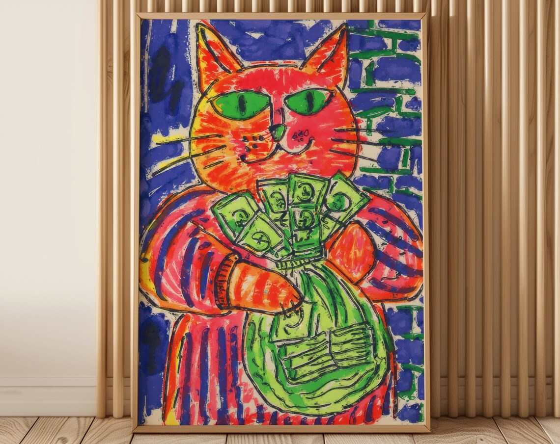 Orange Cat Holding Money Bag Dollar Bills Funny Cartoon Poster