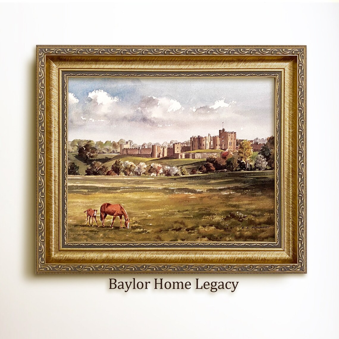 Alnwick Castle and Horses Watercolor Art Print