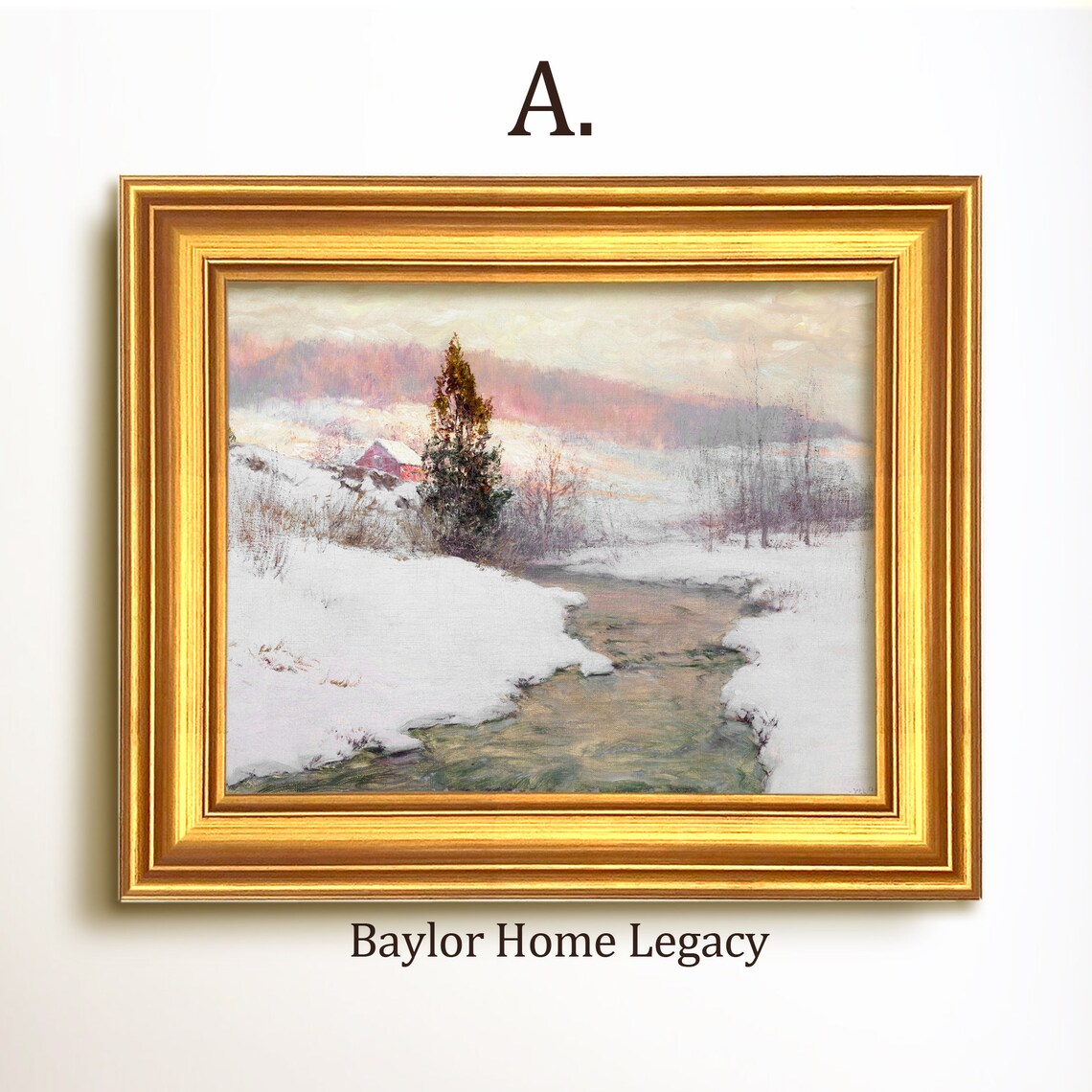Winter Country Scene Snowy Stream Red Barn Vintage Landscape Painting - Image 5
