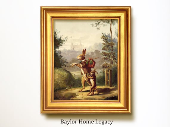 Walking Rabbits Vintage Oil Painting Art Print