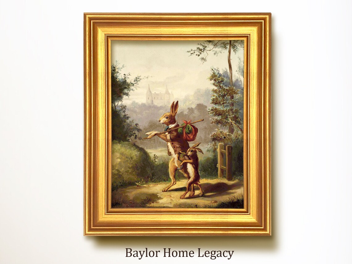Walking Rabbits Vintage Oil Painting Art Print