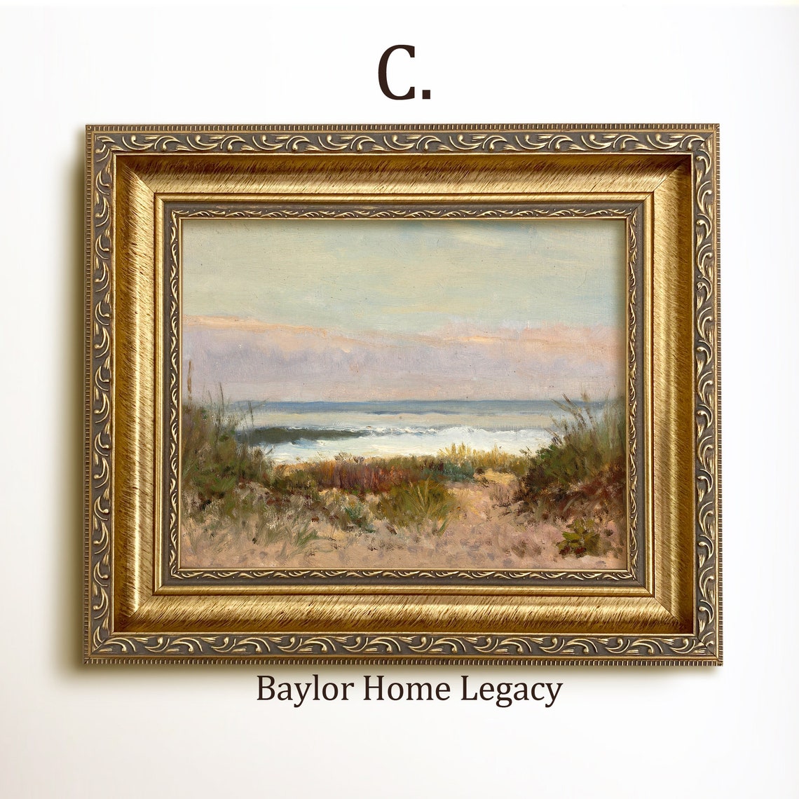 Framed Ocean Oil Painting Print On Ocean And Dunes Art Print Of Antique Painting In Wood Frame Seascape Fine Art Print - Image 3