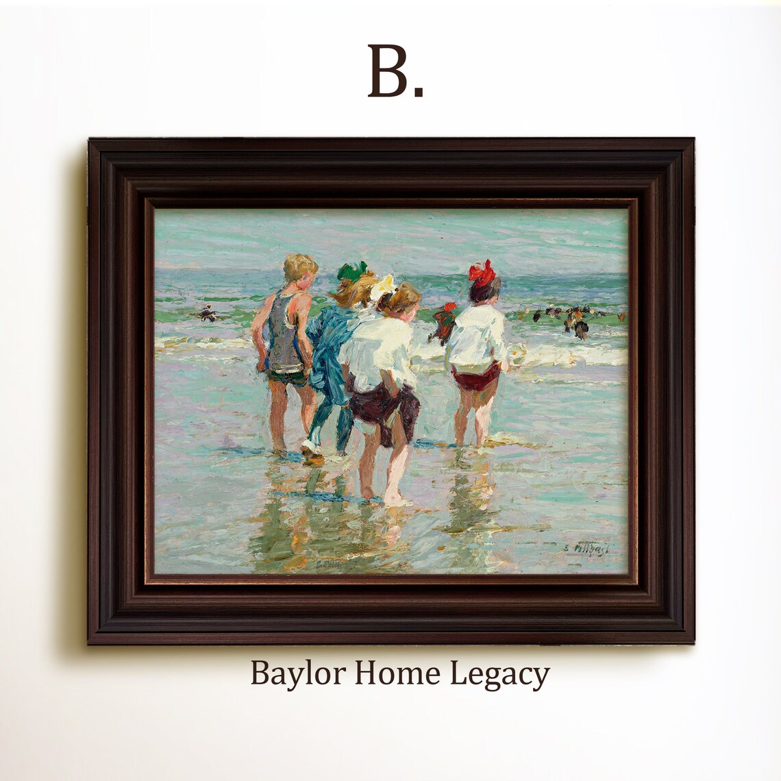 Children Wading in the Ocean, Vintage Oil Painting Art Print - Image 4