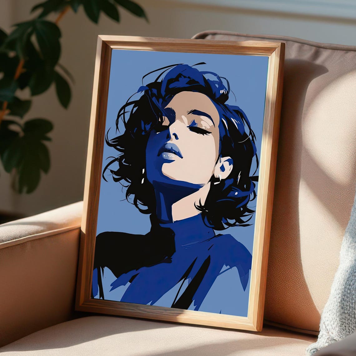 Sapphire Blue Woman Portrait Bold Modern Duotone Illustration Poster