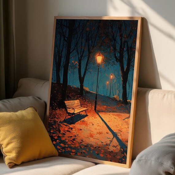 Glowing Street Lamp in Autumn Night Park Bench Fall Oil Print