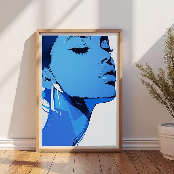 Blue Fashion Woman Face Art Print Female Geometric Abstract Graphic Illustration Contemporary Wall