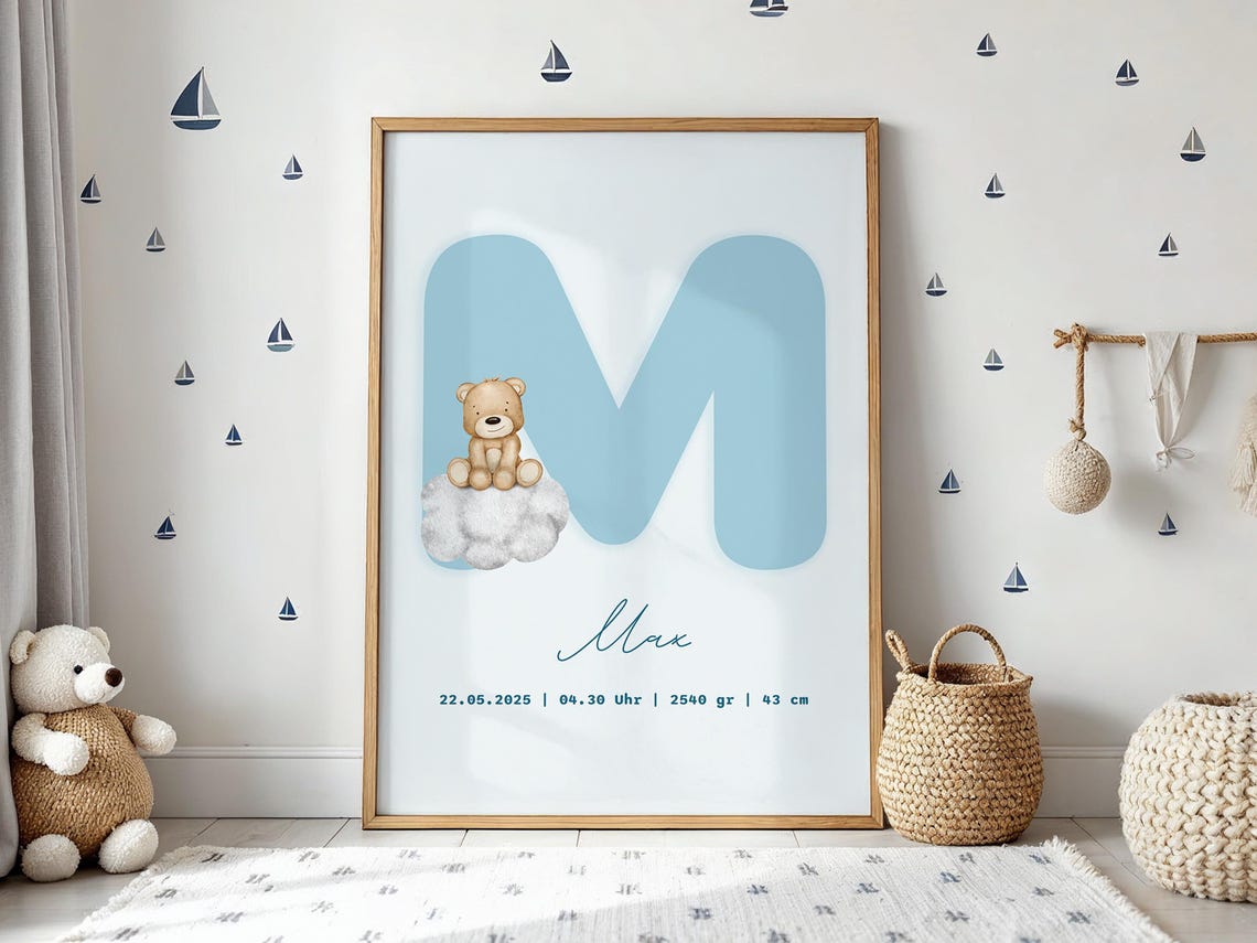 Personalized Baby Boy Birth Stats Teddy Bear Blue Nursery Print