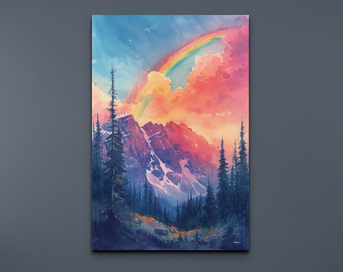 Watercolor Rainbow Mountain Peaks Pine Forest Sunset Sky Poster