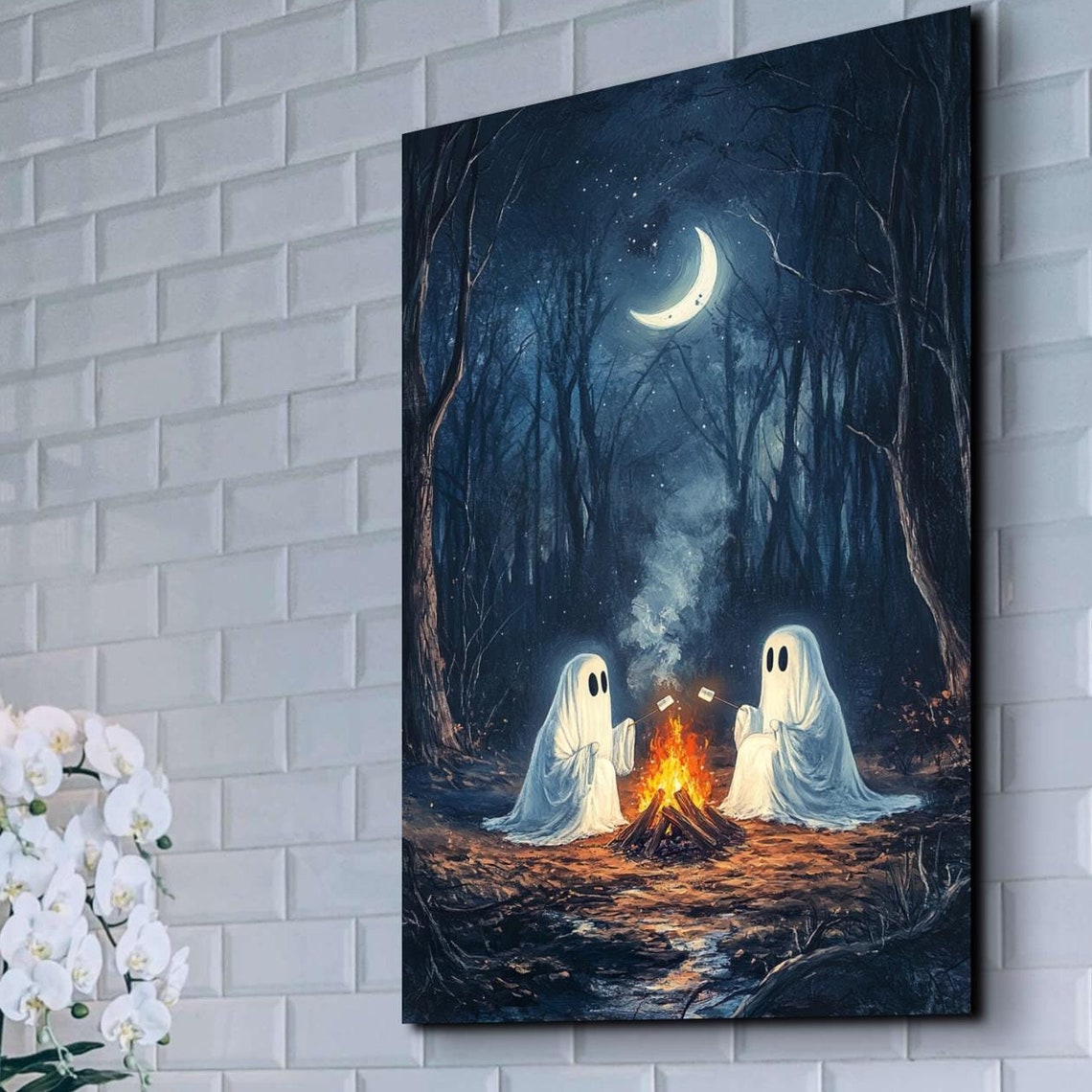 The Original Victorian Cute Ghosts Roasting Marshmellows Ready To Hang Wall Art Print Halloween Wall Art Spooky Season Art