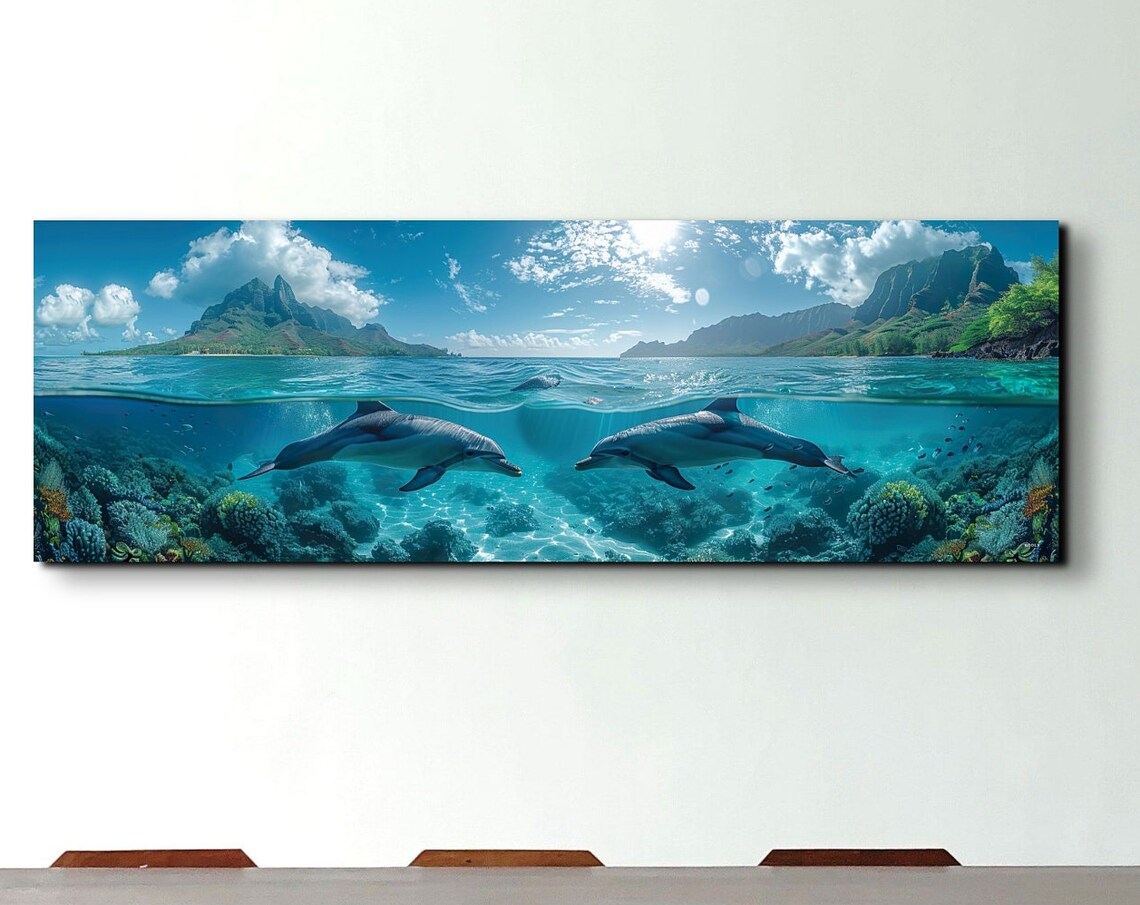 Hawaiian Dolphins Panoramic Ocean Decor, Nautical Art
