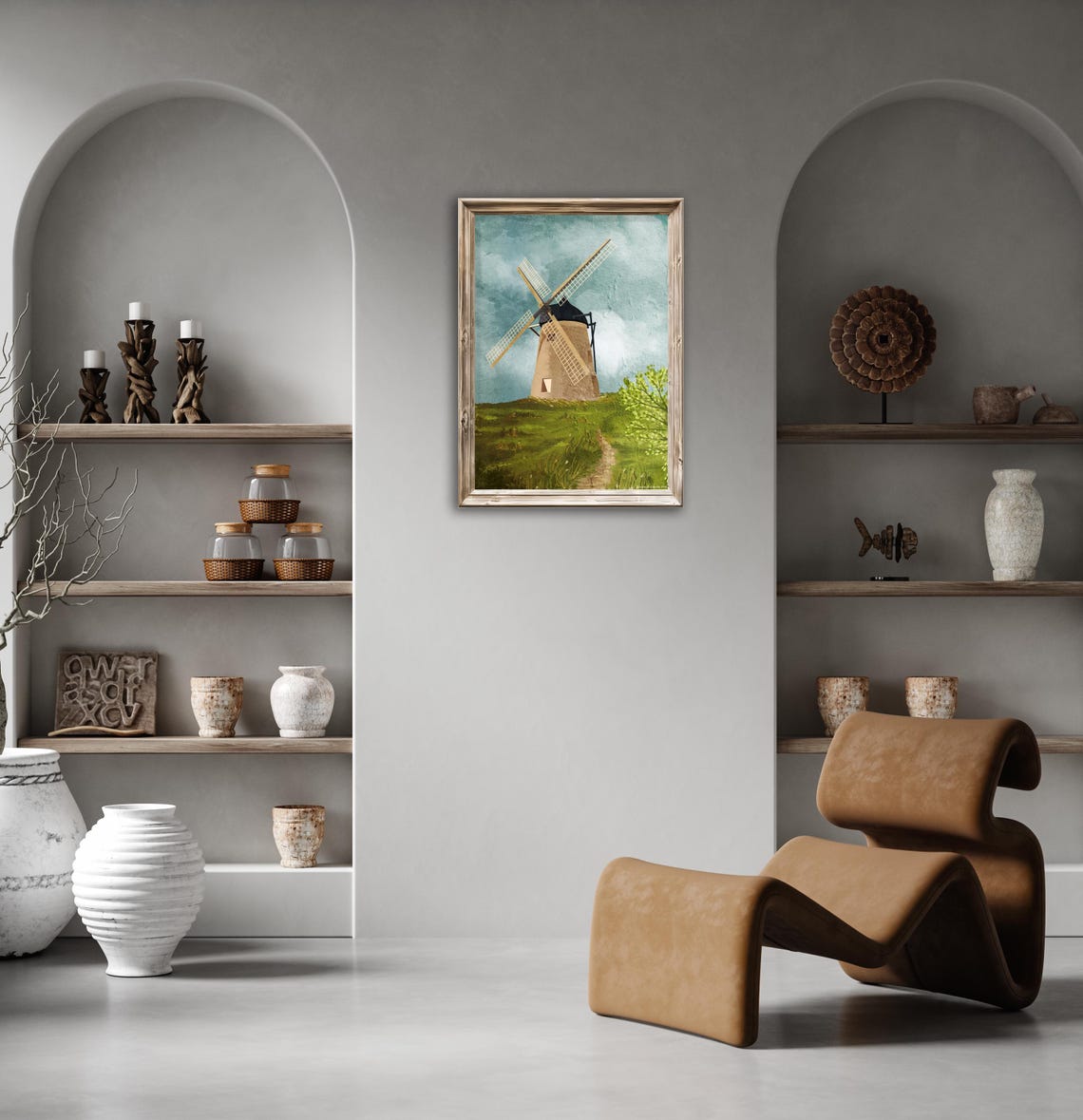 Windmill Green Hill Teal Sky Rustic Countryside Landscape Art Poster - Image 2
