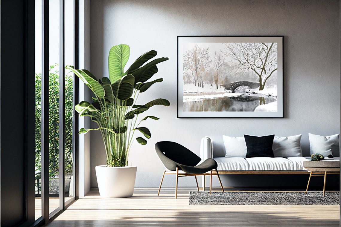 Serene Winter Snow Bridge over Frozen Lake Snowy Landscape Poster - Image 2
