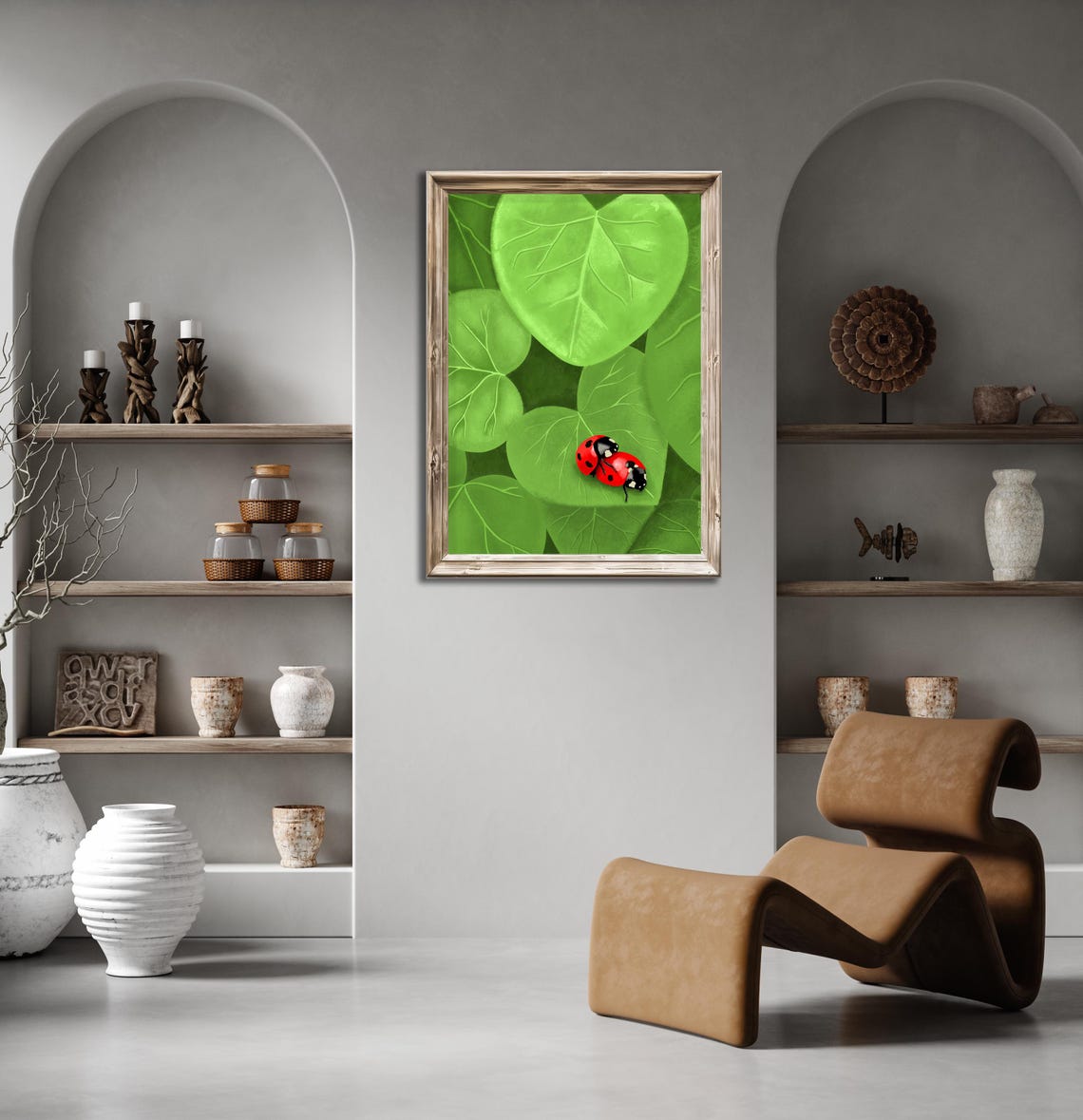 Cute Two Ladybugs on Heart Shaped Green Leaves Nature Poster - Image 3