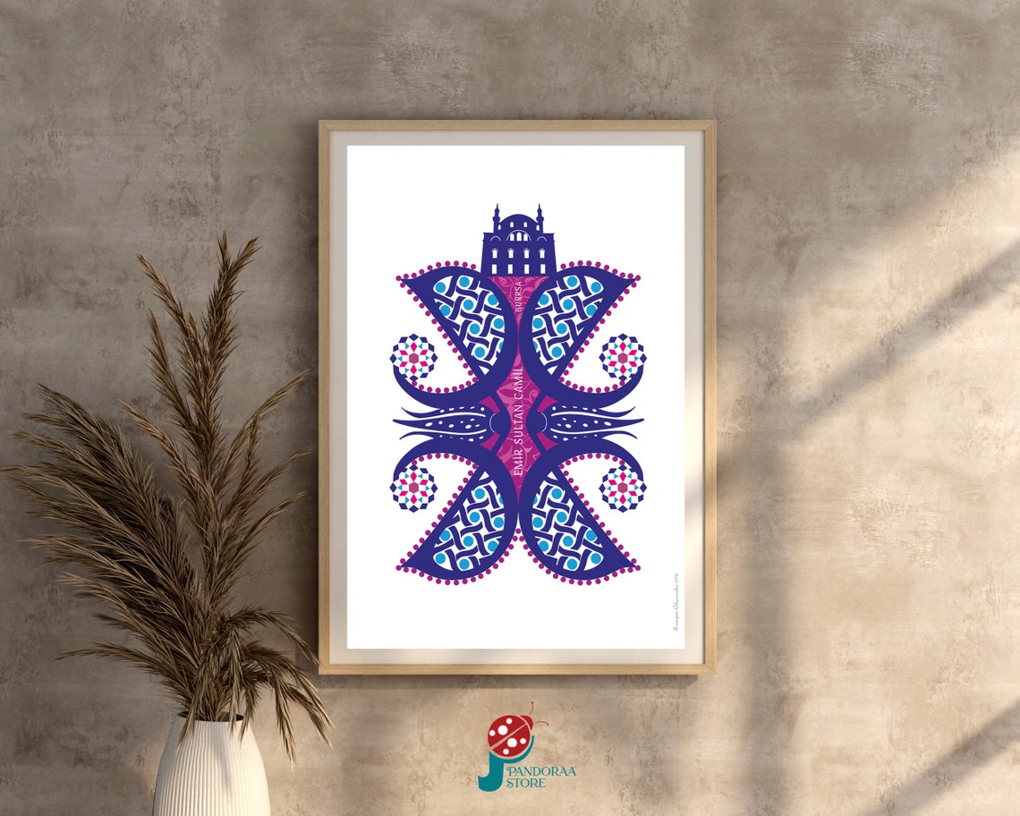 Emir Sultan Mosque Bursa Blue Purple Geometric Islamic Wall Art Poster