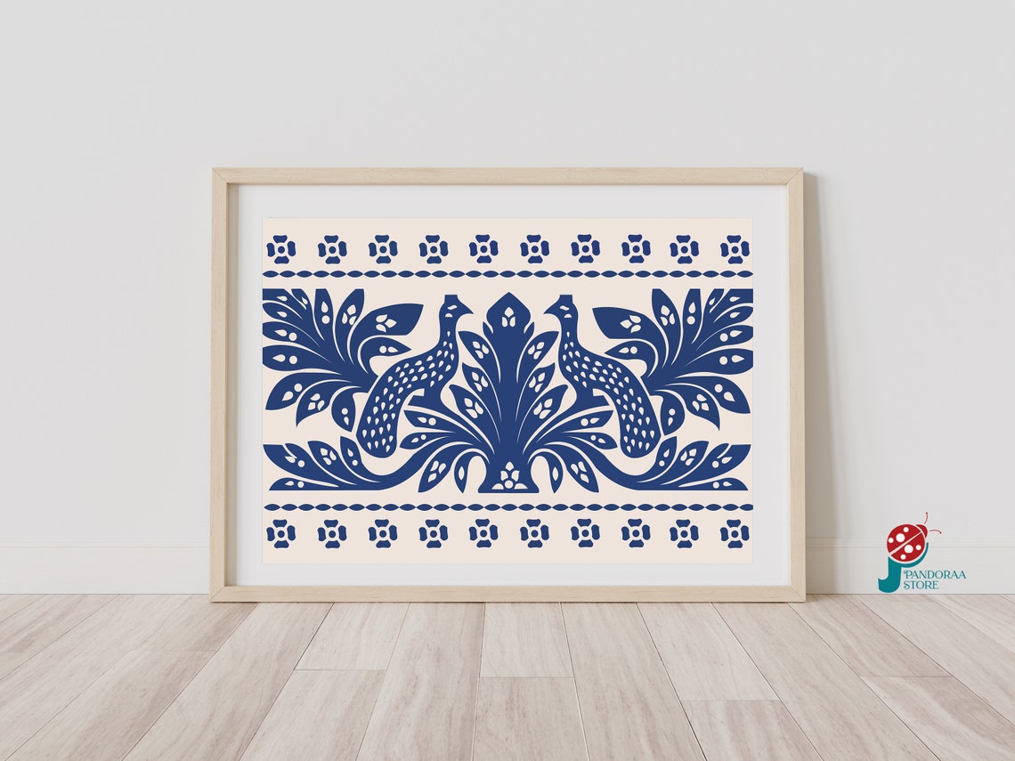 Navy Blue Peacock Folk Art Symmetrical Turkish Style Wall Print