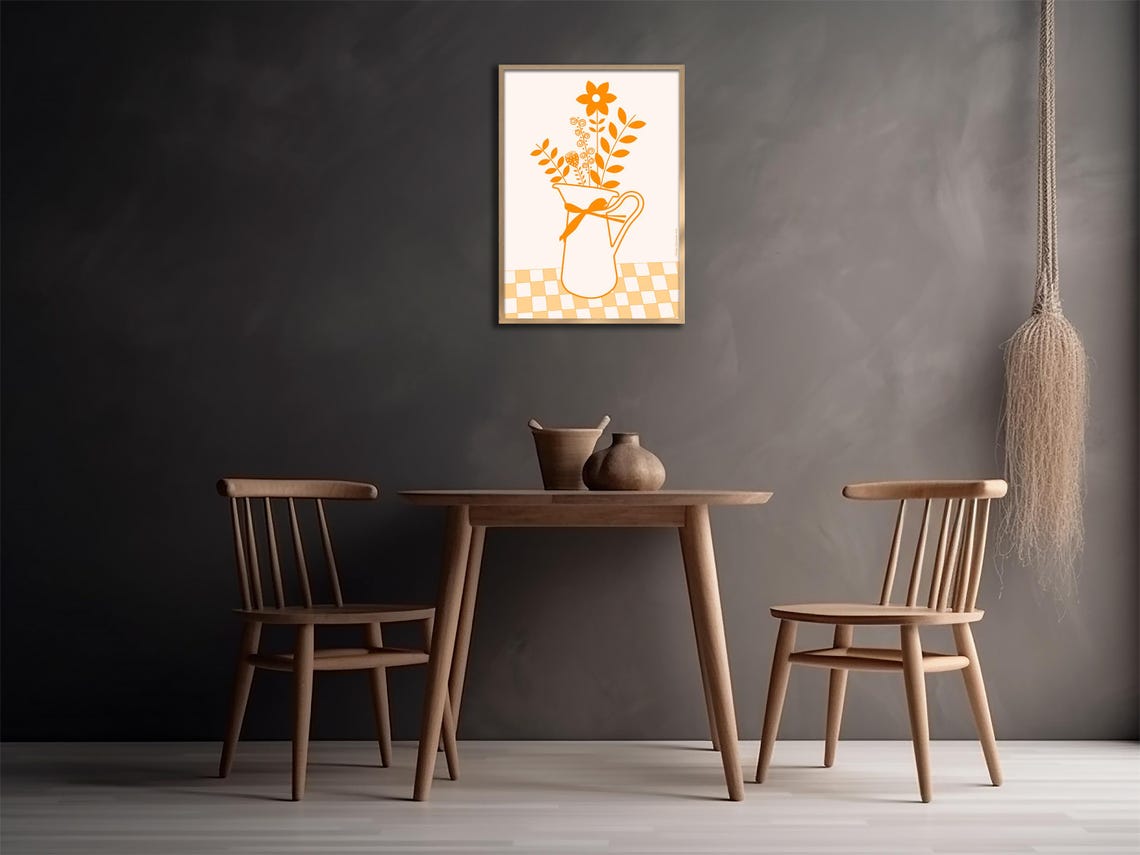 Orange Floral Pitcher Line Art Bouquet Ribbon Modern Kitchen Poster - Image 2