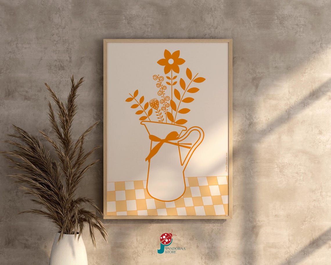 Orange Floral Pitcher Line Art Bouquet Ribbon Modern Kitchen Poster