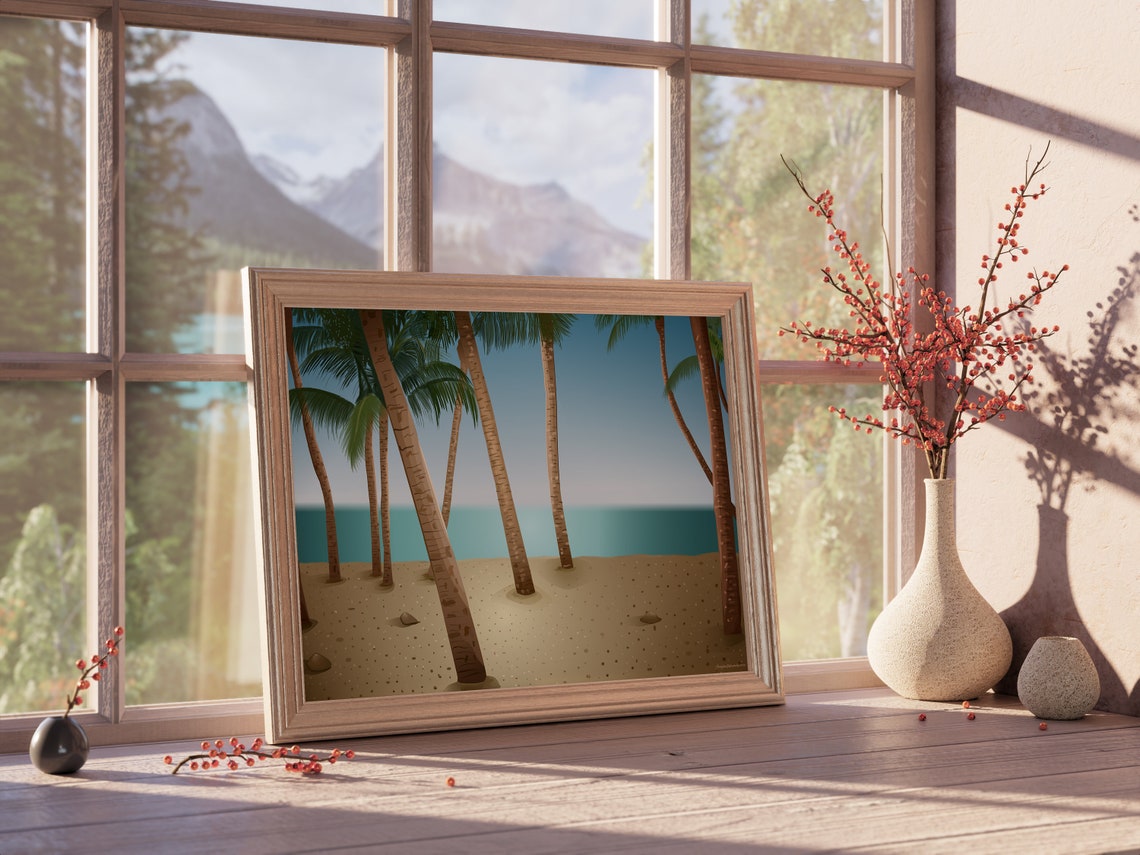 Palm Tree Beach Turquoise Sea Sand Summer Coastal Landscape Art Poster - Image 2