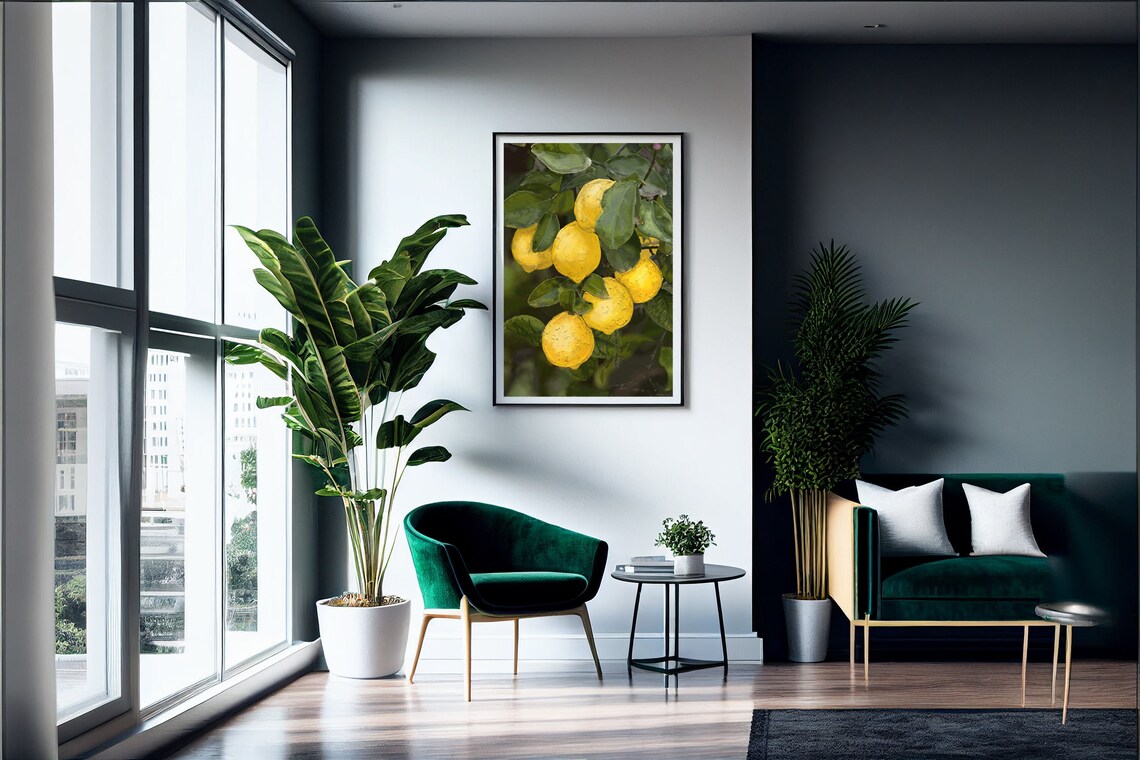 Ripe Lemons on Branch Oil Painting Green Leaves Citrus Kitchen Print - Image 4
