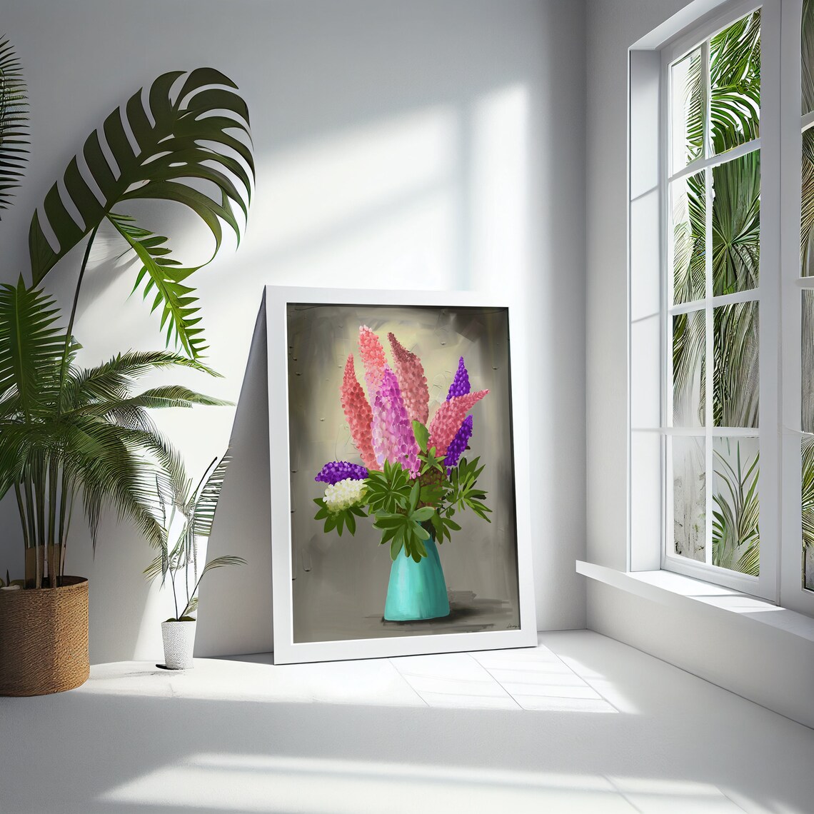 Colorful Lupine Bouquet in Turquoise Vase Oil Painting Poster - Image 5