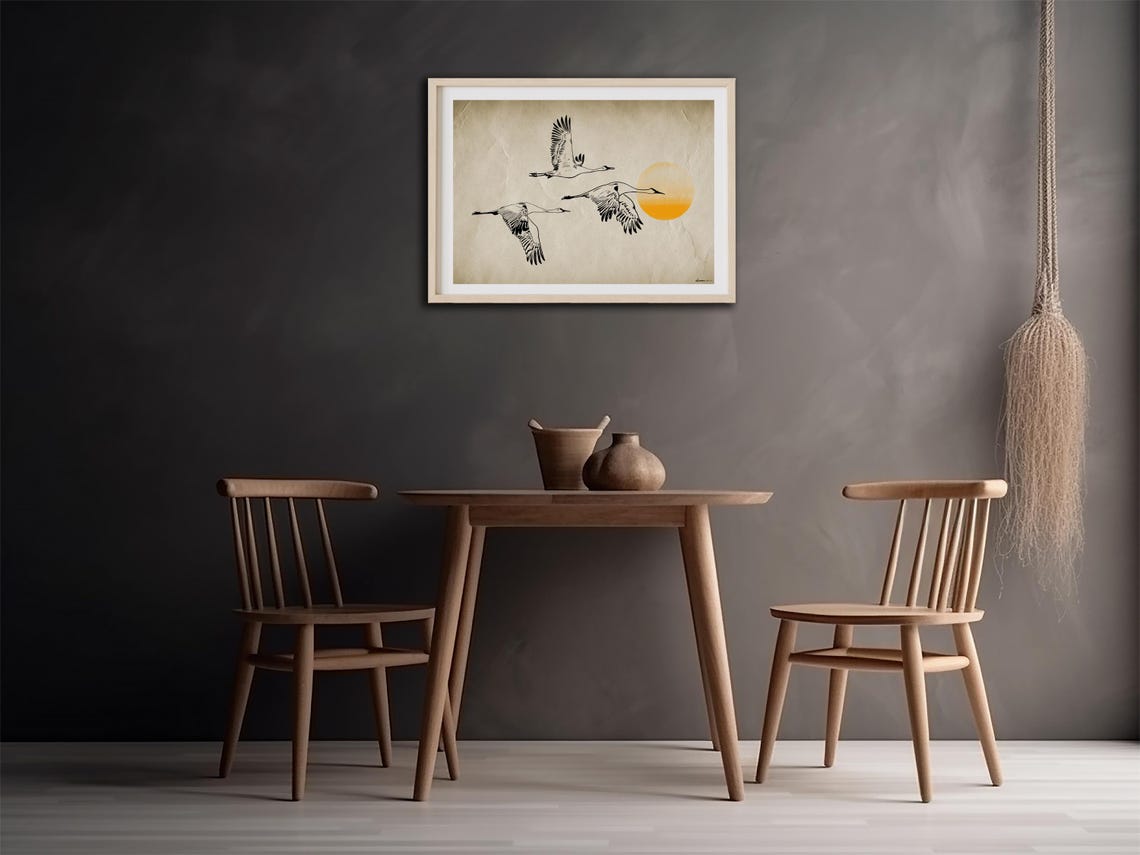 Flying Cranes Sunset Japanese Ink Art Bird Flock Minimalist Poster - Image 3