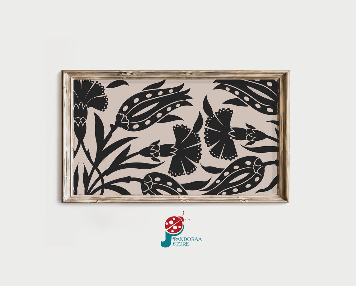 Black Beige Folk Tulip Carnation Silhouette Dramatic Wall Print