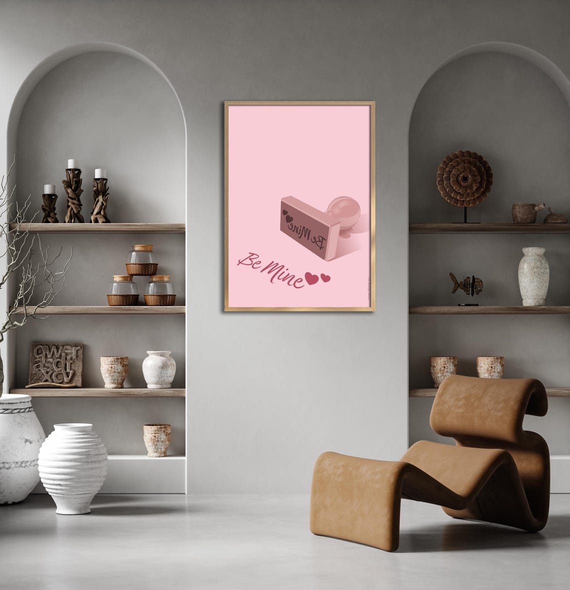 Be Mine Pink Rubber Stamp with Hearts Script on Blush Poster - Image 2