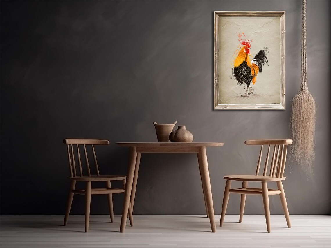 Rustic Watercolor Rooster Golden Black Farmhouse Animal Art Print - Image 2