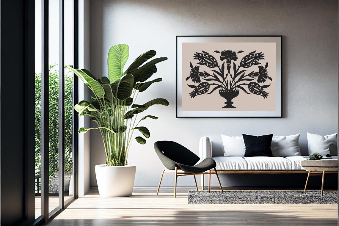Black Beige Tulip Carnation Bouquet Urn Bold Folk Wall Art Print - Image 5