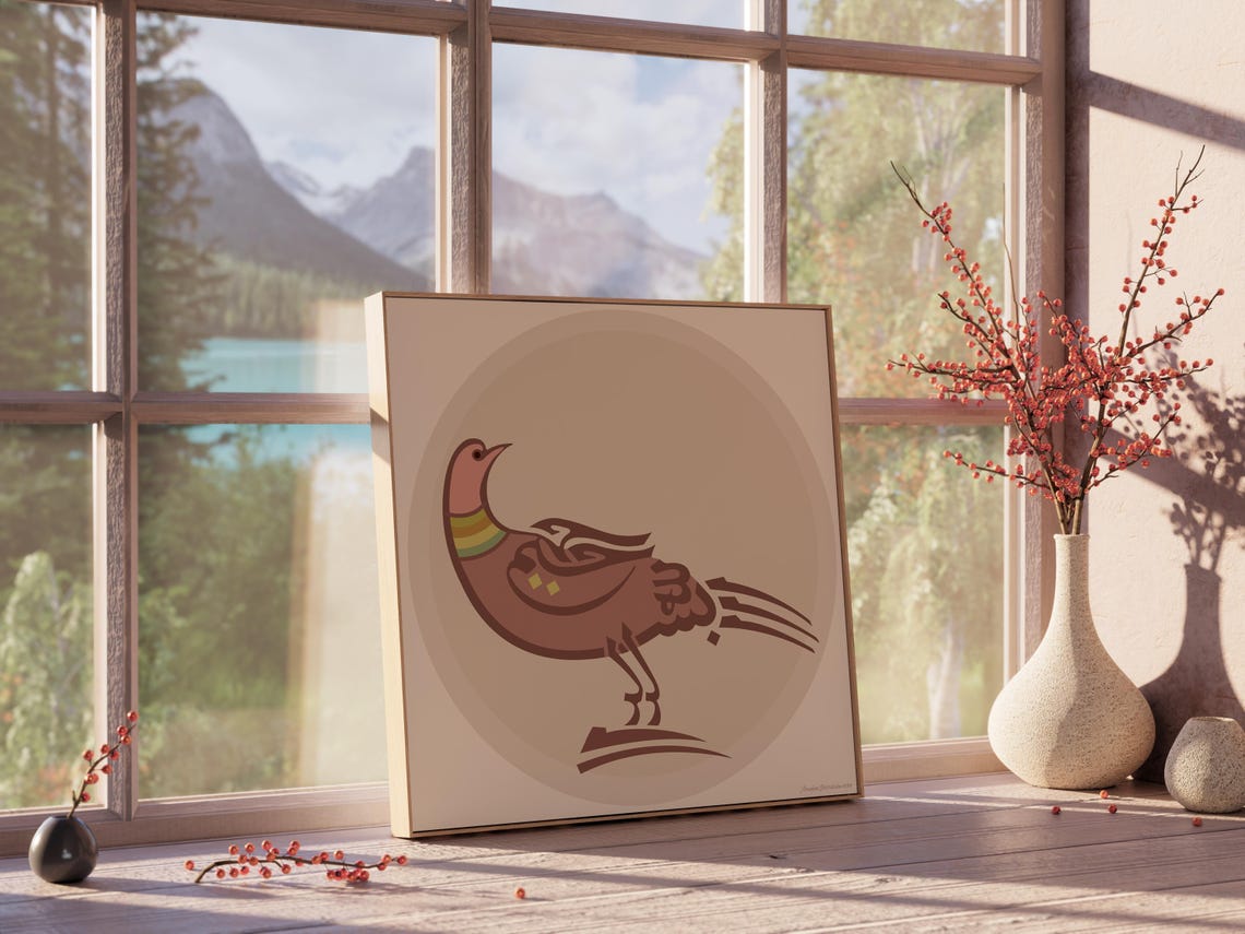 Folk Art Bird Calligraphy Warm Brown Beige Stylized Animal Print - Image 4