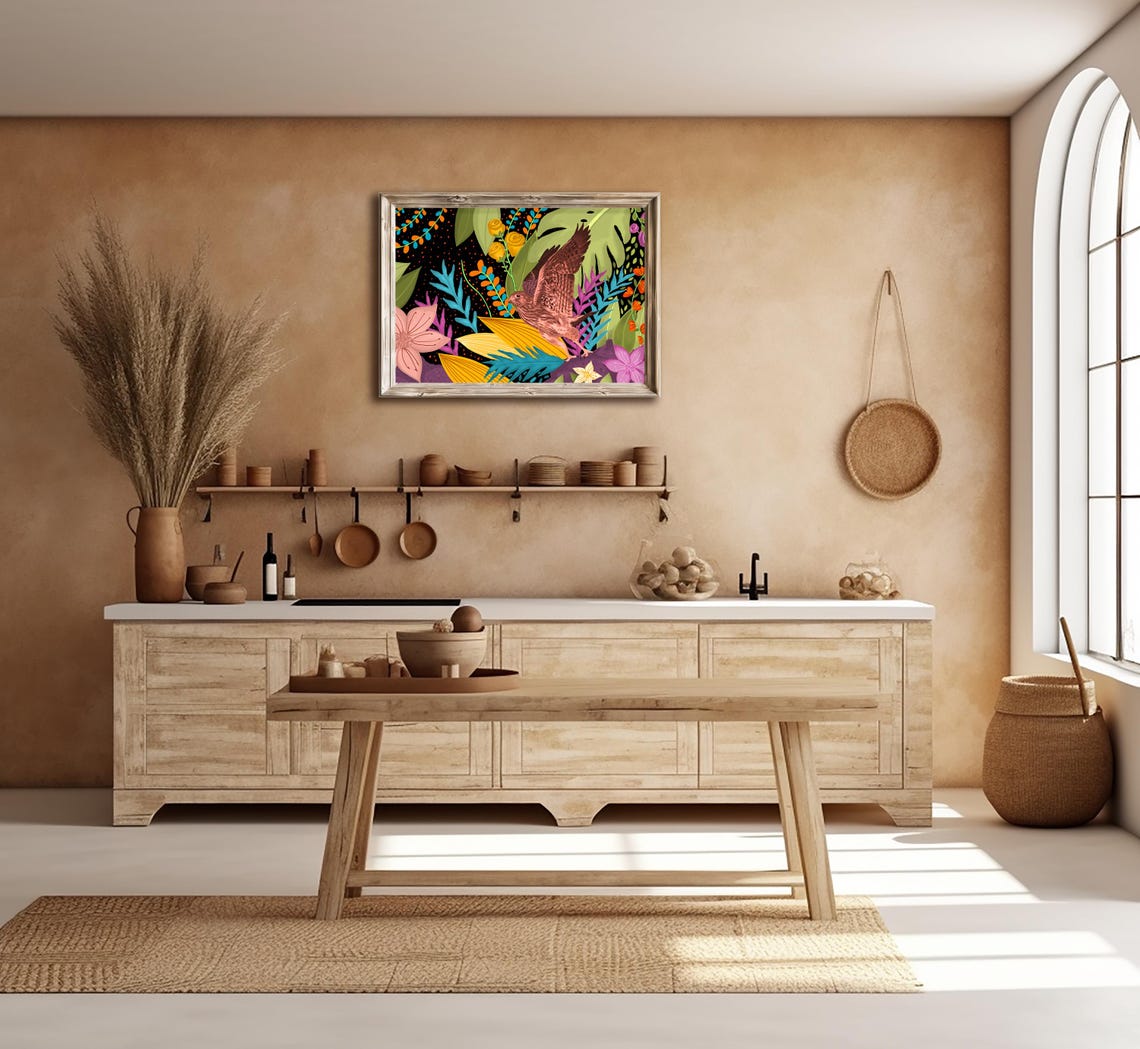Colorful Bird of Prey Tropical Floral Bloom Bold Eclectic Print - Image 2
