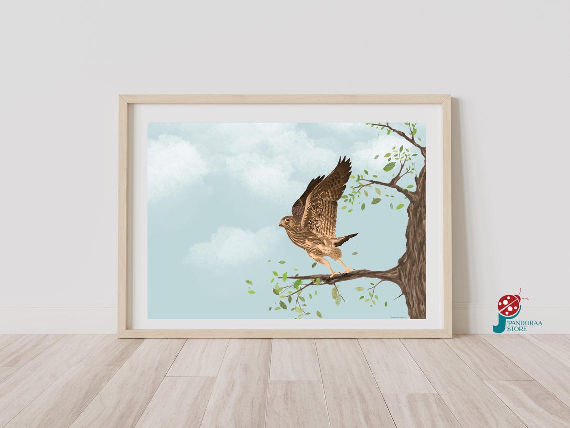 Majestic Hawk Wings Spread on Branch Soft Blue Sky Bird Print