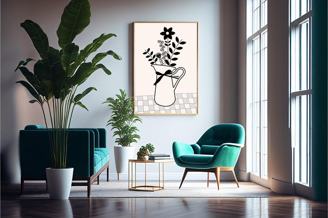 Black Floral Pitcher Line Art Bouquet Ribbon Minimalist Decor Poster - Image 5