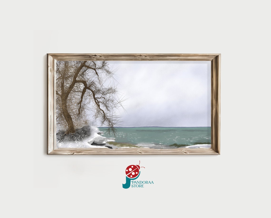 Winter Coastal Shore Bare Tree Icy Waves Grey Sea Moody Poster