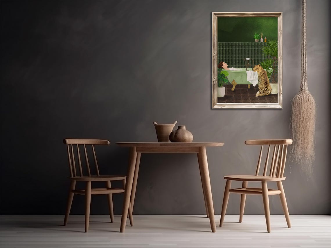 Woman Bathtub Leopard Green Tiled Bathroom Whimsical Botanical Poster - Image 3