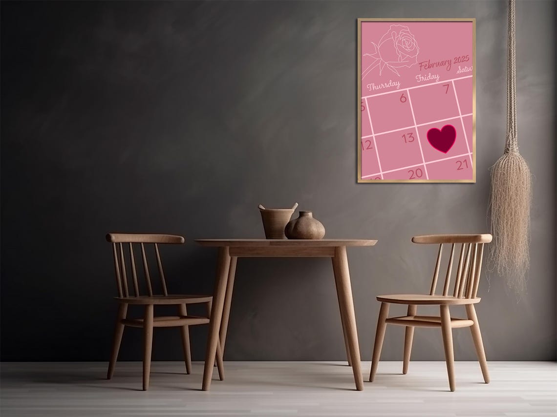 Pink February 2025 Calendar Rose Sketch Heart Marked on 14th Poster - Image 2