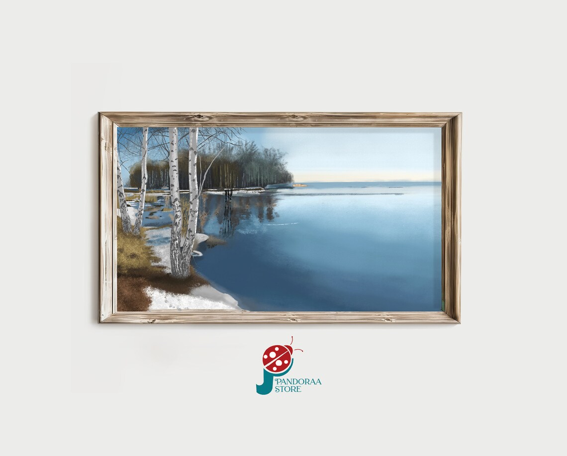 Winter Lake Birch Trees Snowy Shore Blue Calm Water Landscape Poster