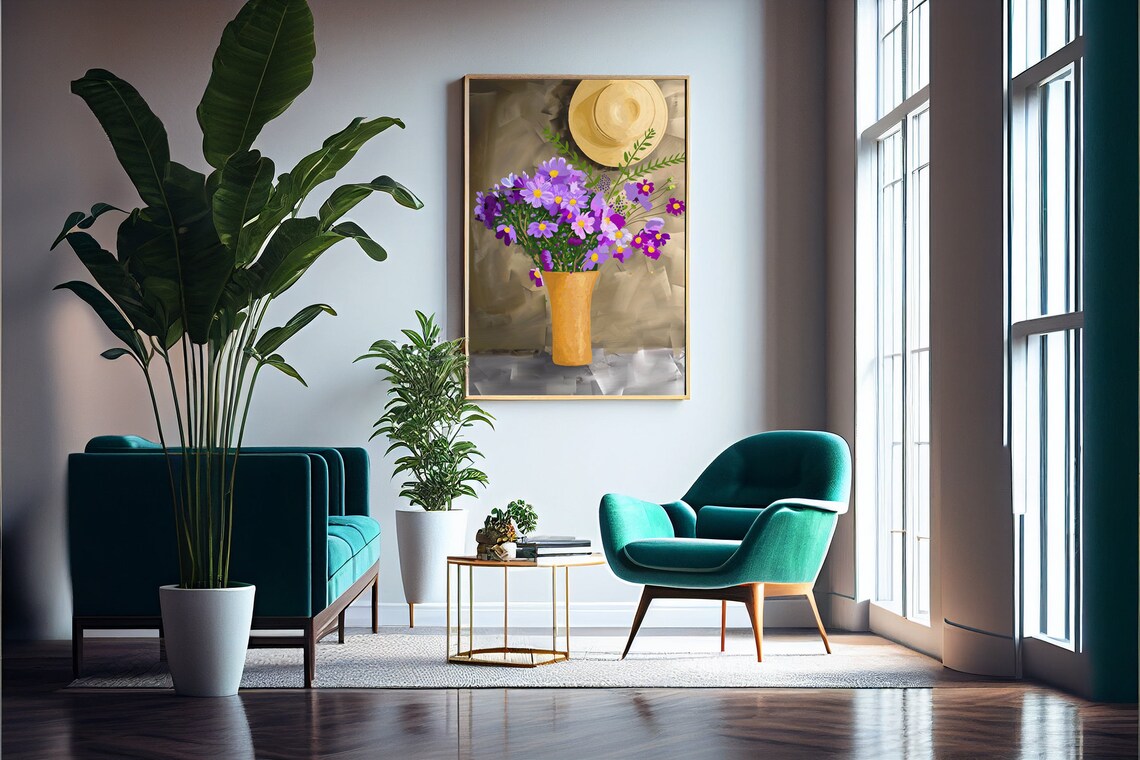 Purple Wildflowers Vase Straw Hat Still Life Oil Painting Wall Art - Image 4