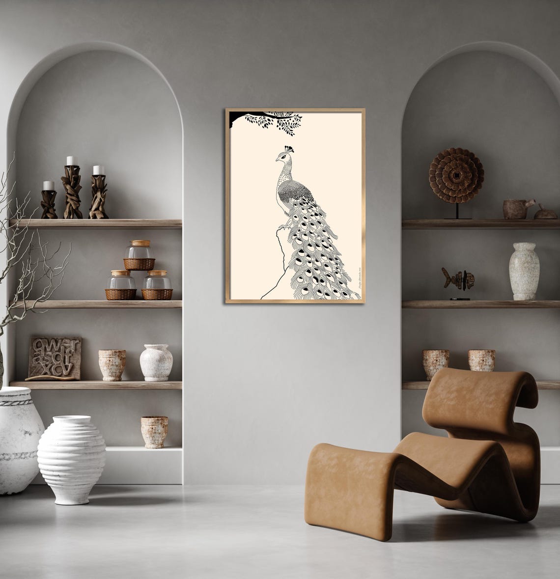 Peacock Line Art Black Beige Minimalist Bird Feather Elegant Wall Art - Image 2