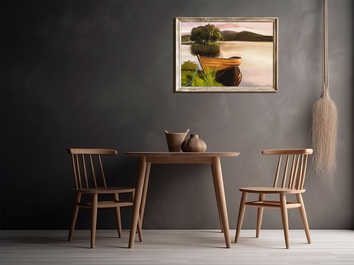 Lake And Boat Landscape Wall Art Lake House Wall Art Antique Oil Paint Art Jpg Vintage Print - Image 2