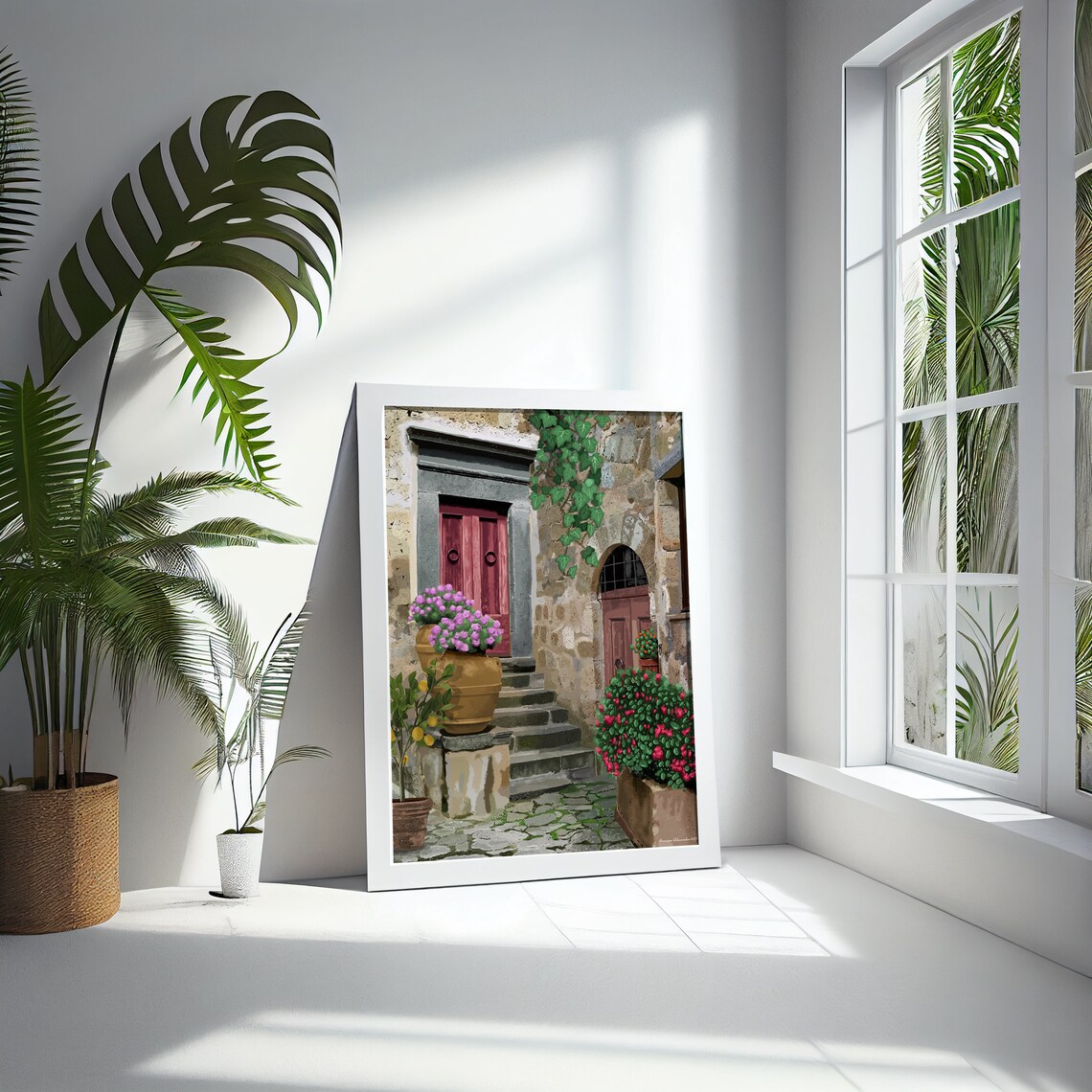 Old European Village Stone Doorway Flower Pots Rustic Travel Poster - Image 3