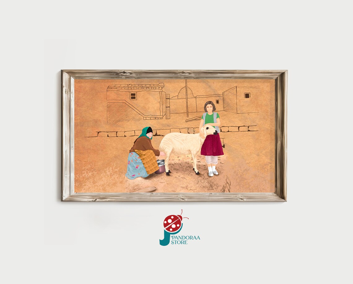 Village Woman Milking White Sheep Vintage Sepia Farm Life Print