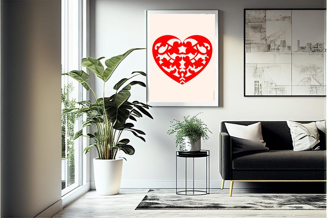 Red Folk Art Heart Papercut with Cherubs on Cream Background Poster - Image 4