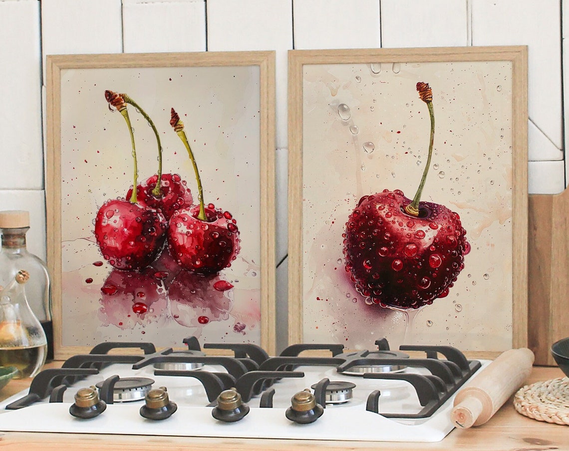 Cherry Watercolor Painting Set Red Fruit Kitchen Dining Room Wall Art